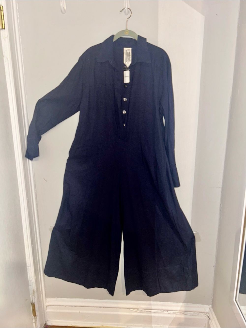 Free People Linen/Rayon Navy Long-Sleeve Wide-Leg Jumpsuit